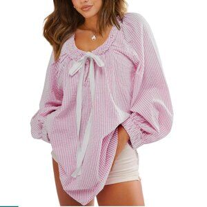 Womens Oversized Striped Blouse Long Sleeve Shirts Bow Tie Front Casual Loose Tu